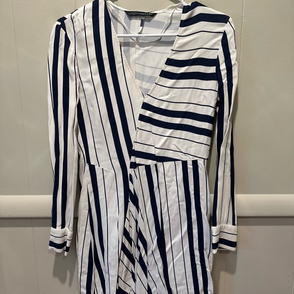 Zara Asymmetrical Blue and White Wrap Dress